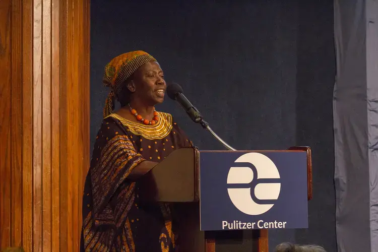 Keynote speaker Dr. Musimbi Kanyoro, President and CEO, Global Fund for Women, gives her remarks during the dinner program of the Pulitzer Center Gender Lens Conference at the National Press Club in Washington, D.C. Image by Jin Ding. United States, 2017.
