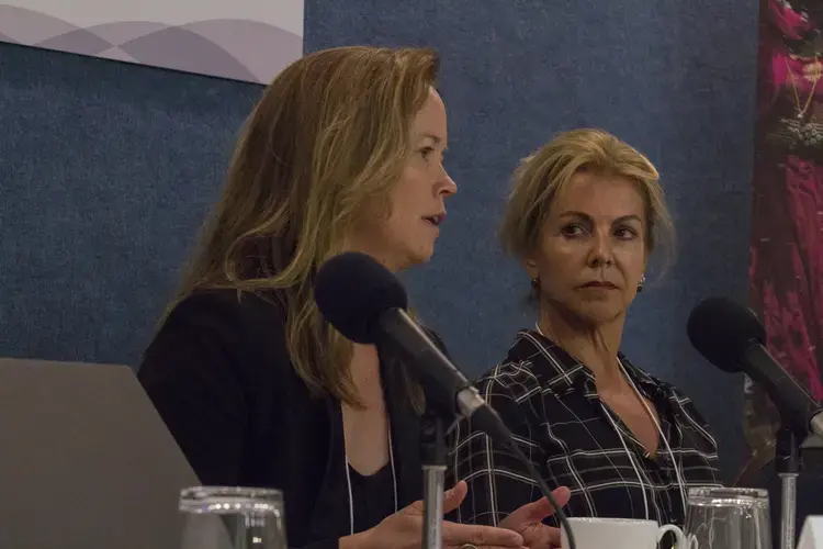 Property Rights panelists Amy Toensing and Paola Totaro discuss widows' land rights at Pulitzer Center Gender Lens. Image by Jin Ding. United States, 2017.