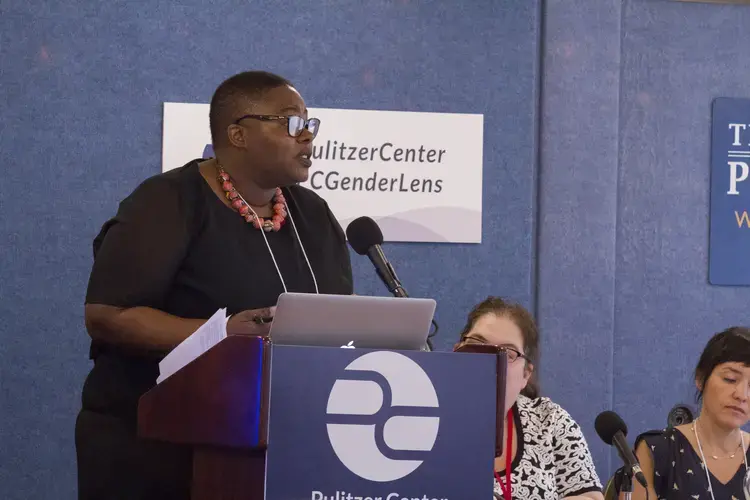 Caroline Kouassiaman talks about LGBTI health and sex ed initiatives in Kenya and Liberia at the Pulitzer Center Gender Lens Conference. Image by Jin Ding. United States, 2017.