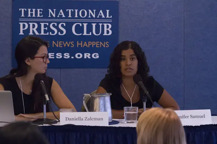 (Left to right) Daniella Zalcman and Jennifer Samuel present databases to help bring women photographers and photographers of color into view for photo editors at international outlets. Image by Jin Ding. United States, 2017.