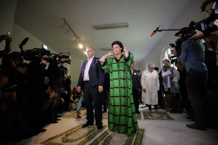 Abdel-Hakim Ourghi, a German-Algerian Islamic scholar, Elham Manea, a writer, and Seyran Ates, in the prayer room. Image by Carsten Koall/EPA. Germany, 2017.