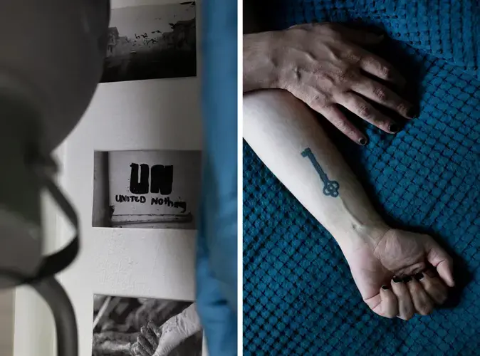 A postcard on the wall of Hamoudi's flat in Berlin, left. At right, a tattoo of his house key on his forearm. Hamoudi got the tattoo as a symbol of his hope to return to Syria, and of his displacement. Image by Bradley Secker. Germany, 2020.