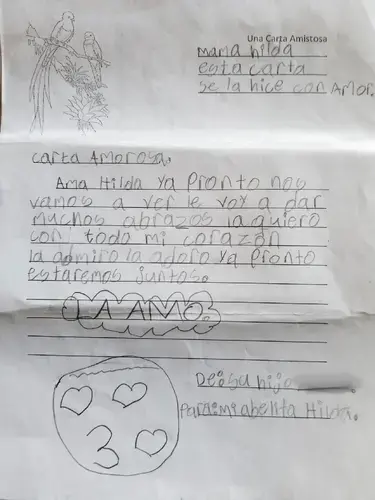 Hilda received this drawing from her 8-year-old grandson, as he and his three siblings were detained in a migrant children's shelter. Image by Texas Tribune. Matamoros, 2018. 