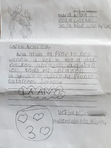 Hilda received this drawing from her 8-year-old grandson, as he and his three siblings were detained in a migrant children's shelter. Image by Texas Tribune. Matamoros, 2018.