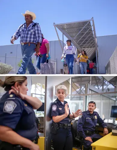 Top: Pedestrians exiting the San Luis port-of-entry after crossing the U.S.-Mexico border on foot. More than 200,000 people cross through San Luis each month, and facial recognition technology has helped move the lines more quickly. Bottom: Customs officers confer about procedures at the San Luis facility. Image by Kathleen Flynn. United States, 2019.