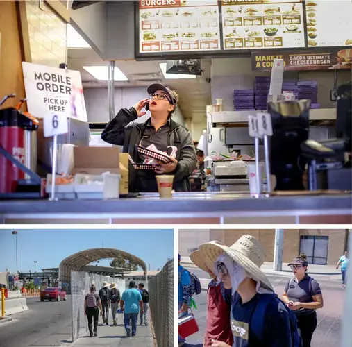 Top: Anabel Castorena, 28, works the drive-thru line at the Jack in the Box restaurant in San Luis, Arizona. Castorena, a U.S. citizen, lives in Mexico and crosses the border each day to go to work. Castorena said having her photo taken has been a routine part of her day since Customs opened a new inspection building with facial recognition cameras. Bottom left and right: Castorena heads back through the border crossing at the end of her workday. Image by Kathleen Flynn. United States, 2019.