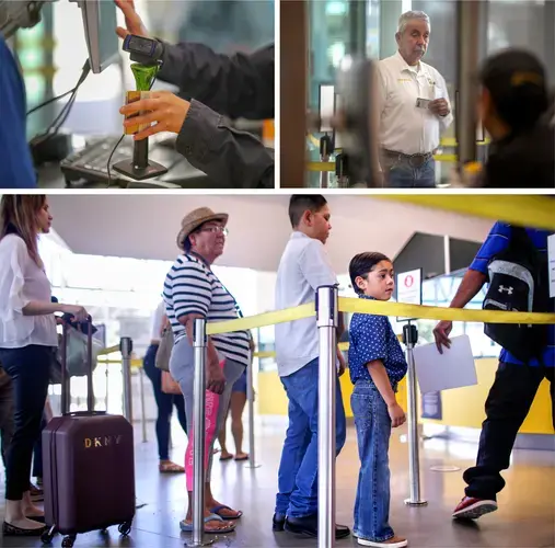 Top left: A customs officer uses a small, portable camera to take a photo of a traveler passing through the San Luis border crossing. Portable cameras are used if the quality of an image captured as the traveler walks forward is too poor for identification. Top right: A man waits to be seen by a customs agent. Bottom: Pedestrians on line at San Luis. Cameras will capture an image of their faces as they approach the inspection desk. Image by Kathleen Flynn. United States, 2019.