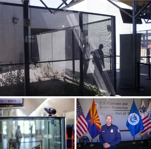 Top: Customs agents chat in a passage way at the San Luis Arizona port-of-entry on June 24, 2019. Bottom left: A camera used to capture the photos of people passing through customs sits above an agent’s glass partition. Bottom right: Justin Winburn, chief of commercial operations and public affairs at the San Luis port of entry, stands in a conference room on site. He says most people he encounters “don’t really mind” having their photos taken to gain entry to the United States. Image by Kathleen Flynn. United States, 2019.