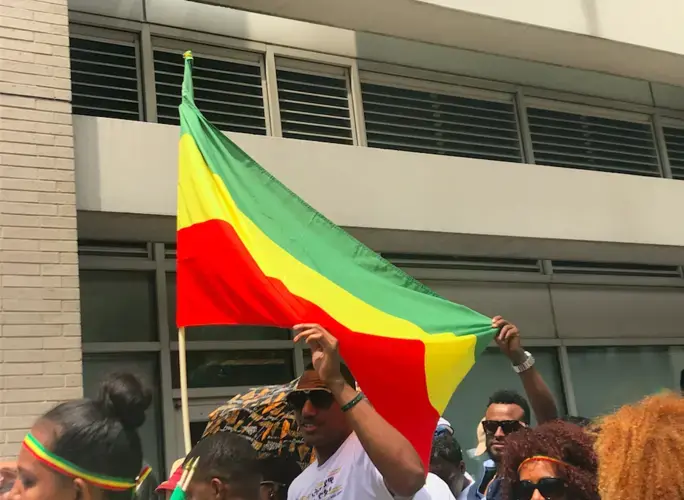 A man used the flag he had brought to shield himself from the sun. Image by Jazmin Goodwin. United States, 2018.