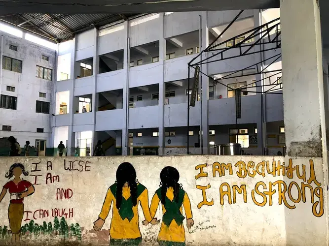 Murals line the low walls surrounding the school. Image by Annalisa Merelli. India, 2018.