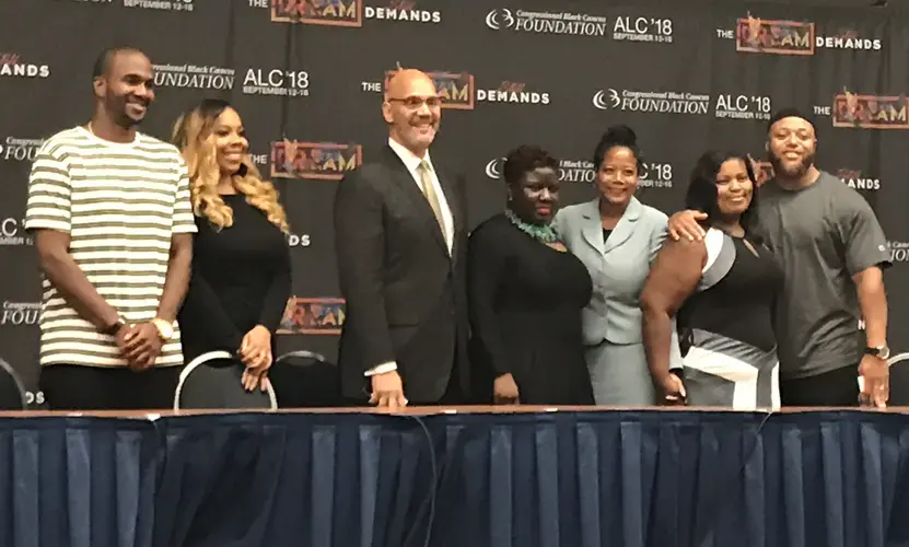 Panelists pose for a photo following the screening and discussion. From left to right: Van Lathan, Melissa Potter, Rev, Derrick Harkins, Indira Henard, Twyla Carter, and Beverly and Baron Walker. Image by Claire Seaton. Washington, D.C., 2018.