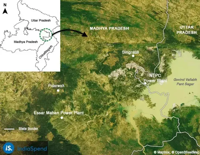 A reference satellite map showing India’s energy capital, Singrauli, in Madhya Pradesh. THDC India Limited’s proposed opencast mine is expected to come up on land upon which thousands of trees stand. Image by IndiaSpend. India, undated.