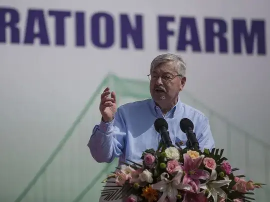 Ambassador Terry Branstad gives a speech during the groundbreaking ceremony for the China-US Demonstration Farm on Saturday, Sept. 23, 2017, in Luanping County, Hebei, China. Image by Kelsey Kremer. China, 2017.