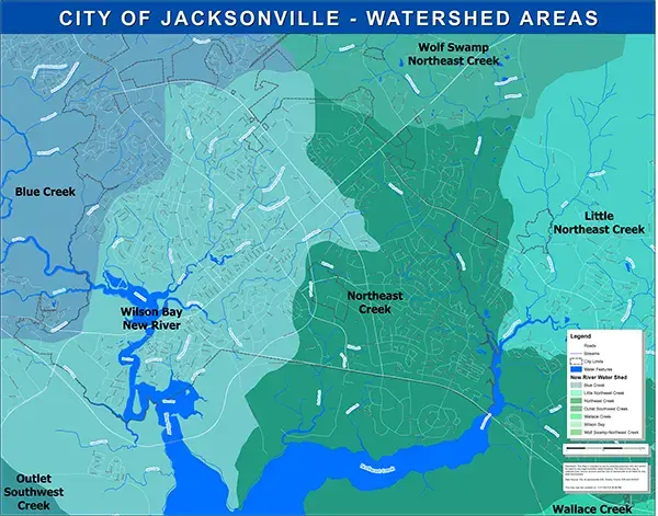Jacksonville is in the New River watershed and is surrounded by wetlands. Map: City of Jacksonville. Image courtesy of Coastal Review Online.