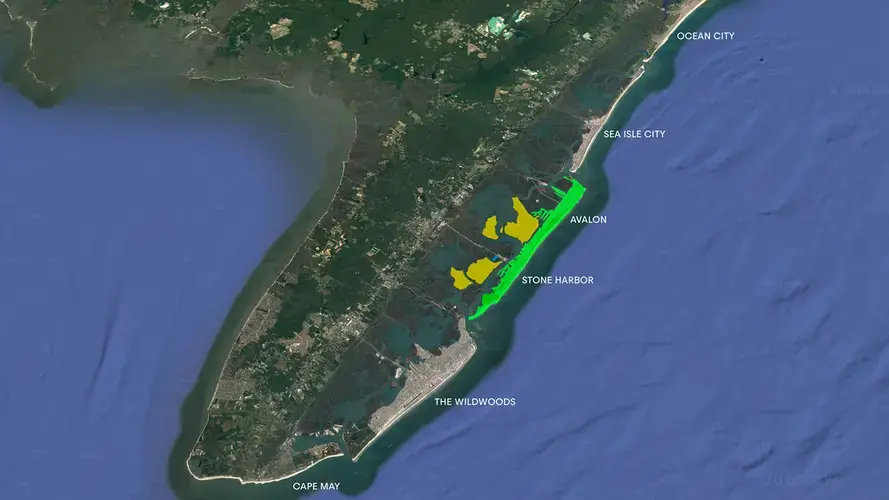 The South Jersey Shore: The Seven Mile Island Innovation Lab project areas are highlighted in yellow. Image courtesy of Andrew Lewis via GoogleSearch.<br />