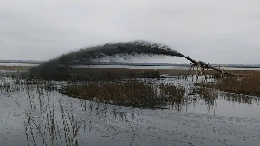 The Sturgeon Island project in Cape May County will test new approaches to increasing land elevation and enhancing a critical wading bird nesting colony using an irrigator to strategically distribute dredge material. Image courtesy of the Wetlands Institute.<br />