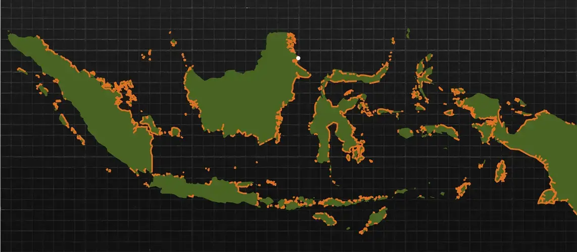 The orange lines show Indonesia’s mangrove areas, which make up 23 percent of all the mangroves on Earth and cover 7.1 million acres, the size of Belgium. (The white dot is Tanjung Batu, East Kalimantan, where we visited the stilt mangrove.) Image by Amanda Northrop / Vox.