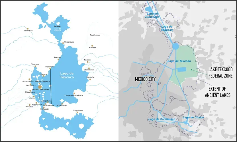 The Basin of Mexico in the 16th century (left) and today (right). Image modified from public domain maps courtesy of by Yavidaxiu. Mexco, 2017.