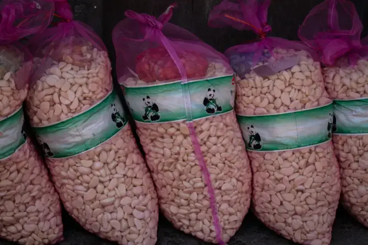 The peeled cloves are packed in netted sacks and sold for 14 pesos (28 cents) per kilo at local markets. Image by Micah Castelo. Philippines, 2019.