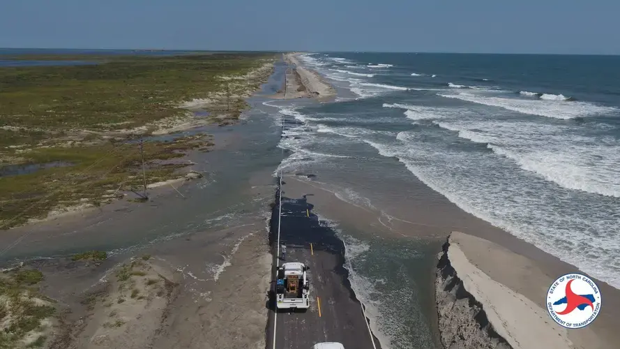 N.C. 12 on Ocracoke Island after Hurricane Dorian in September 2019. Image by NCDOT. United States, undated.