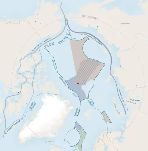 Six nations—the U.S., Canada, Russia, Finland, Sweden, Norway, and Denmark—have land borders above the Arctic Circle. In recent years, the receding ice has allowed increasing amounts of international shipping traffic to move between the Atlantic and Pacific. Image courtesy of National Geographic. United States, 2018.