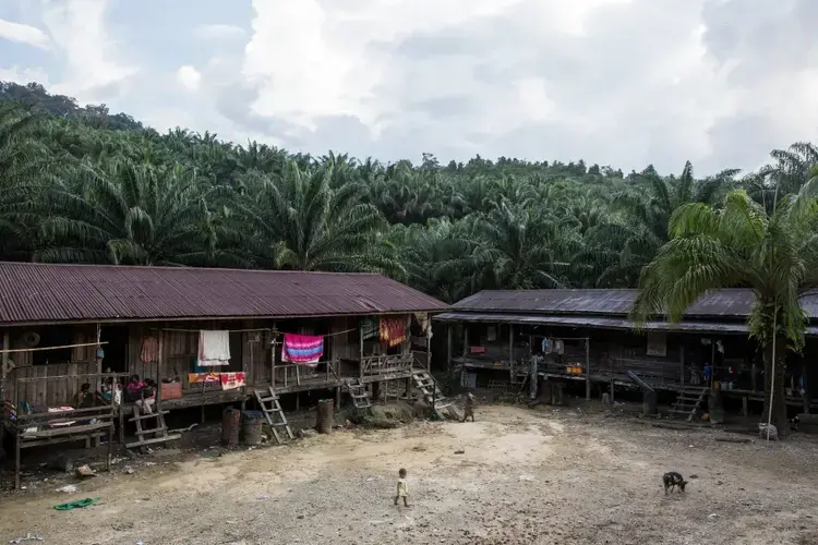 A child runs across a clearing at a small village where migrant workers for Supowin Palm Oil live outside Kawthaung, Myanmar. Four families live in each row house, which are not equipped with basic amenities like electricity or running water. Image by Taylor Weidman/PRI. Myanmar, 2016.