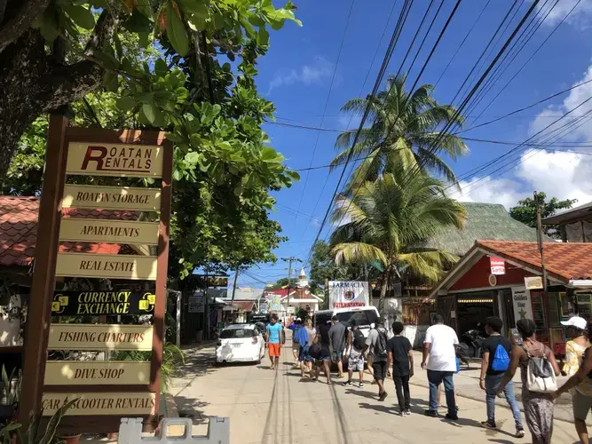 A group of cruise ship passengers return to their tour van in West End. Image by Jack Shangraw. Honduras, 2019.