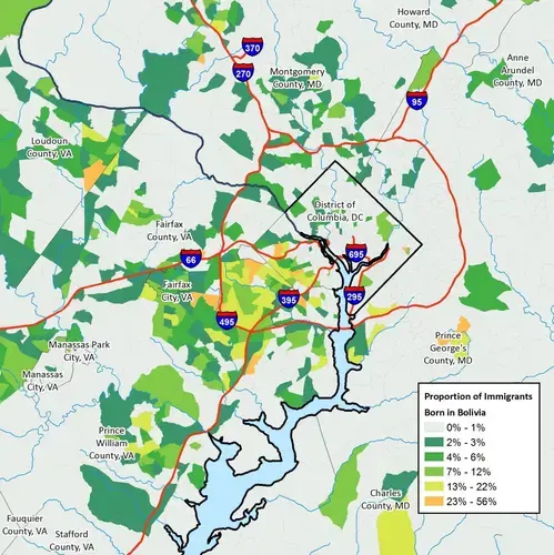 The map above shows the percentages of Bolivian-born residents of the Washington, D.C., metro area. Map courtesy of the Institute for Immigration Research at George Mason University.