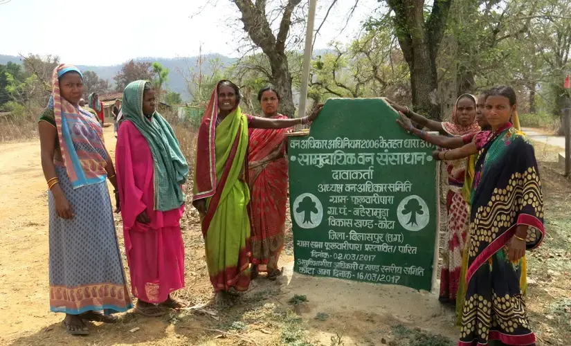 Baiga tribeswomen in Phulwaripara village in Chhattisgarh's Bilaspur district protested against plantations in their village in October 2018. They spent 17 days in prison after the local forest department booked them, and are currently out on bail. Chhattisgarh, India. June 2019. Image by Chitrangada Choudhury.