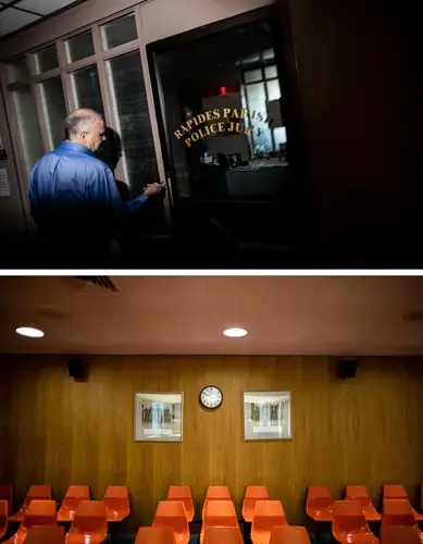 In a settlement reached last fall, the DA agreed to limit diversion profits to “reasonable expenses.” But Rapides treasurer Bruce Kelly, above, doesn’t think that will be enough. He had hoped the DA would also give some money back to the police jury, the parish’s nine-member elected body, whose meeting room is pictured below. Image by M. Scott Mahaskey for Politico Magazine. Louisiana, 2019.