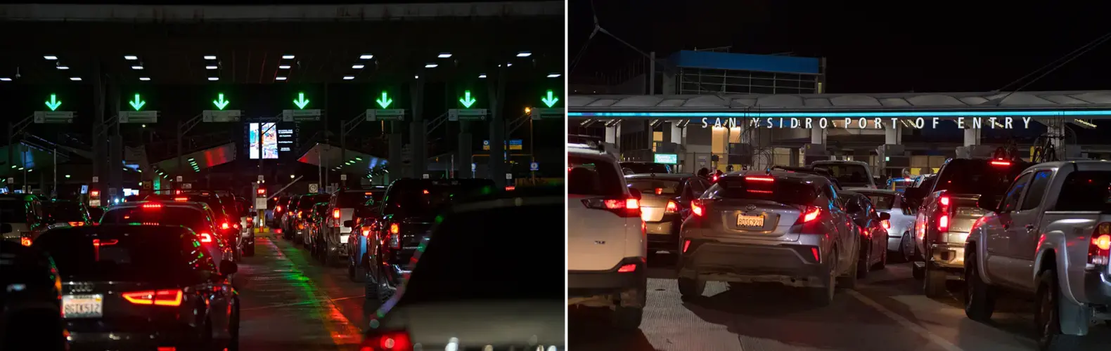 Motorists line up to cross the border into Mexico from California the night before Thanksgiving. At right, the lines on the Mexico side of the border are just as long on Nov. 27. Images by Amanda Cowan. United States / Mexico, 2019.