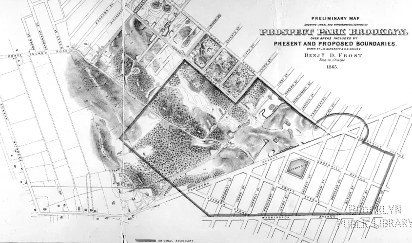 Archival map of Prospect Park in 1865. Image courtesy of Brooklyn Public Library/Prospect Park Alliance. United States, 1865.
