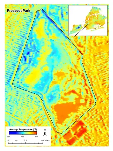 Air temperature modeling showing Prospect Park is significantly cooler than surrounding areas on an average summer day. Image courtesy of U.S. Forest Service. United States, undated.<br />
