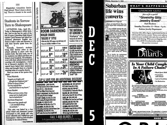 (L): The Washington Post, April 24, 1999. (R): The Denver Post, December 5, 1999. (R): Nieman Reports, September 15, 2005. Image by Andres Gonzalez. 