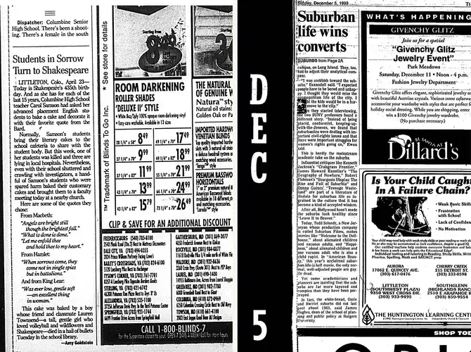 (L): The Washington Post, April 24, 1999. (R): The Denver Post, December 5, 1999. (R): Nieman Reports, September 15, 2005. Image by Andres Gonzalez.