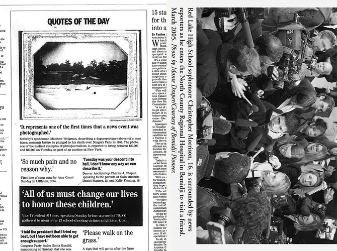 (L): Chicago Tribune, April 26, 1999. (R): Nieman Reports, September 15, 2005. Image by Andres Gonzalez. 