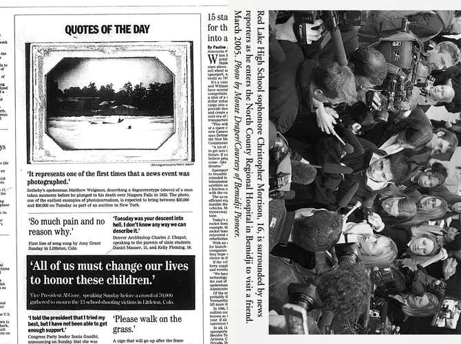 (L): Chicago Tribune, April 26, 1999. (R): Nieman Reports, September 15, 2005. Image by Andres Gonzalez.