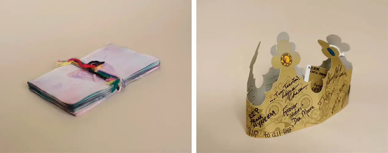 (L):Item from the February 14, 2008, Memorial Collection, Northern Illinois University Archives, Founders Memorial Library. DeKalb, IL. (R): Burger King Hat: Item from the April 16, 2007, Condolence Archives, Virginia Tech Special Collections Library. Blacksburg, VA. Image by Andres Gonzalez.<br />