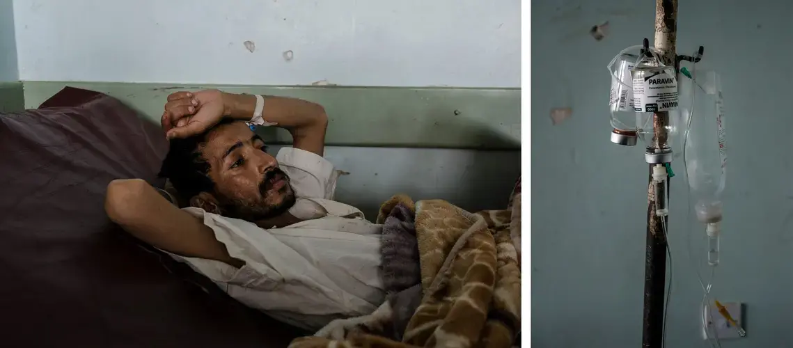 Ahmad Mohammad Morshid, who recently underwent his first round of dialysis for kidney failure, recovers in his bed on May 4, 2018, at Jumhuri Hospital. Image by Alex Potter. Yemen, 2018.