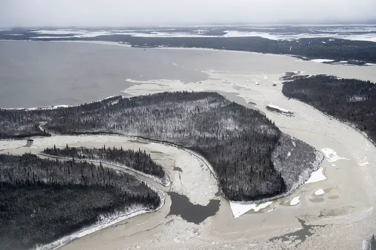 The waters from the Churchill River converge with the water from Lake Melville near Happy Valley-Goose Bay, Labrador. Image by Michael Seamans / The Weather Channel. Canada, 2019.