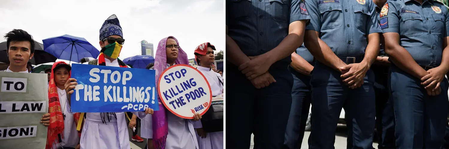 Left: Friends and family of slain drug suspects protest the killings at a rally in Quezon City. Right: Police officers form a human barricade during the rally. Image by Pat Nabong. Philippines, 2017.