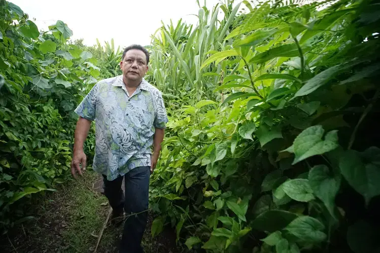 Roland Sondia walks along a bridge connecting his house to the church and rectory where he says he was molested at age 12 by Archbishop Anthony Apuron, who was then a priest. Image by Cory Lum. Guam, 2017.