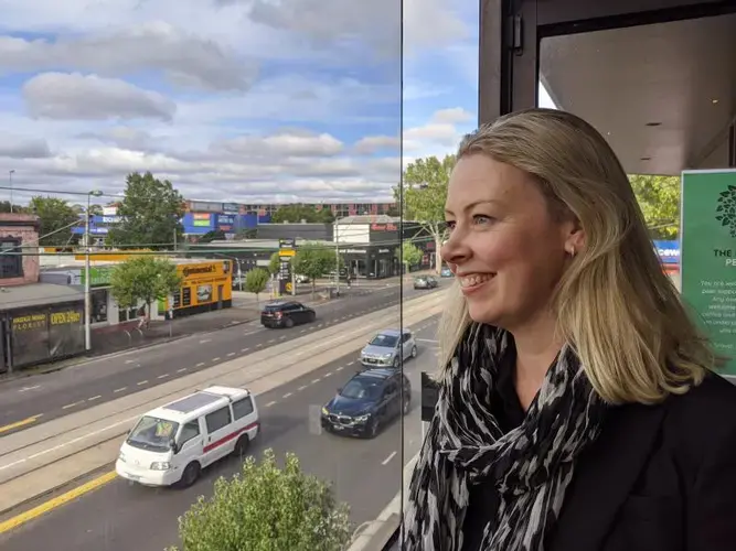 Sarah Gray, national director of rehabilitation and reintegration with GEO Australia, at the Bridge Centre, a part of Ravenhall designed specifically for use in the two years post-release when people are most likely to reoffend. Image by Rae Ellen Bichell / Mountain West News Bureau.