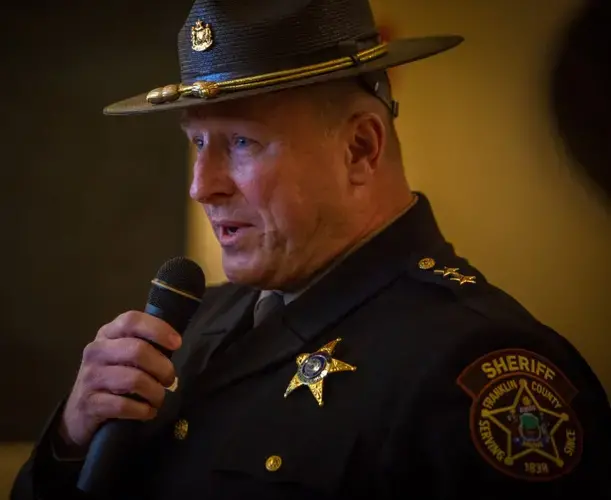 Franklin County Sheriff Scott Nichols speaks at a State House rally in Augusta in 2019. Image by Troy R. Bennett / BDN. United States, 2019.