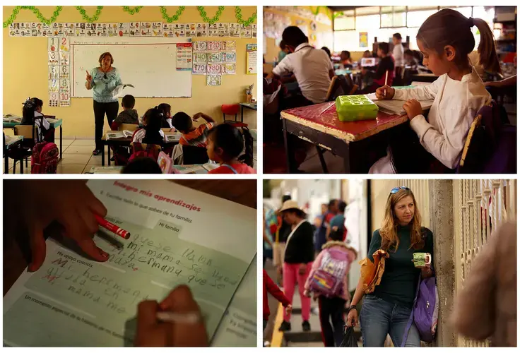 Catalina, a first-grader, is learning to read and write in her class in Zacatecas. At lower right, Joy waits for her two girls at the end of the school day. Image by Erika Schultz. Mexico, 2019. 