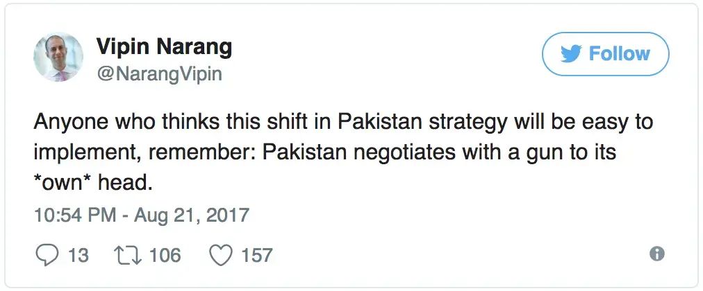 Tweet by Vipin Narang. United States, 2017.