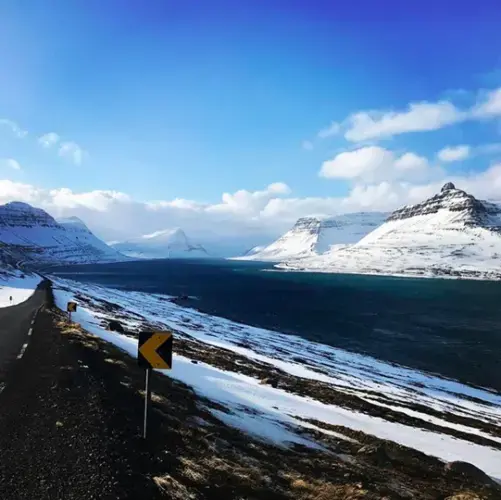 We wiggle our way from fjord to fjord, each turn revealing a treasure of a view. Later, we spot a dozen seals splashing in one of the fjords. Image by Ari Daniel. Iceland, 2018.