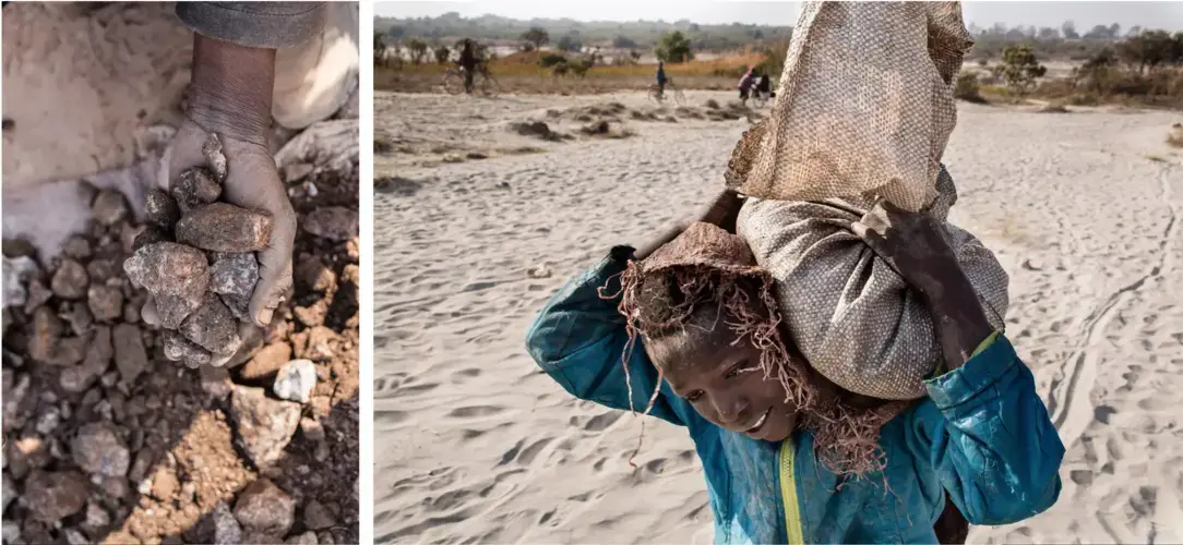 Left: A miner holds chunks of cobalt he has dug out at the Kasulo mine near Kolwezi in the DRC. Right: An 11-year-old mine worker named Daniel carries a bag of cobalt from a dig site to a depot to be sold. Image by Sebastian Meyer. Democratic Republic of Congo, 2018.