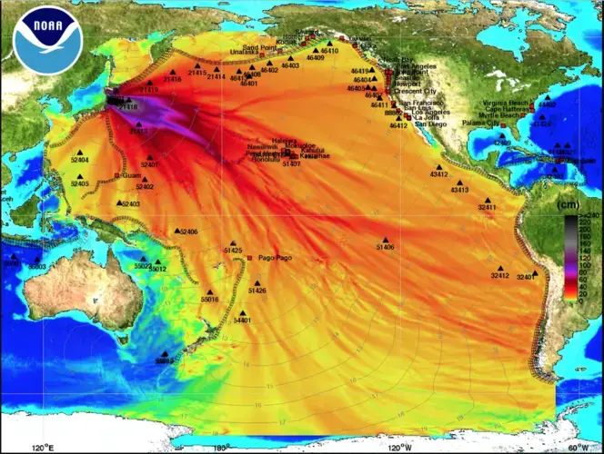 Ocean energy distribution forecast map for the 2011 Sendai earthquake. Image by US NOAA. 2011.