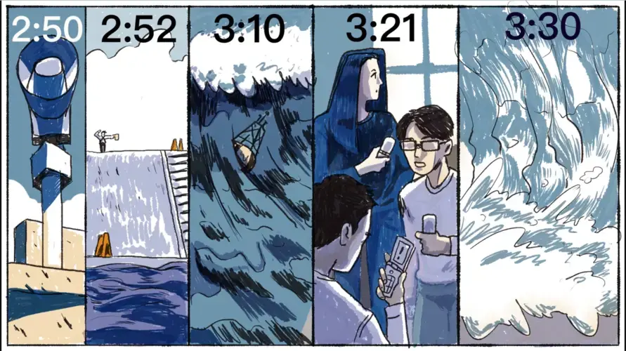 A timeline of events from the immediate minutes after the mid-afternoon quake on 3/11, from initial tsunami warning to landfall. Illustration by Chris Kindred. 2018.